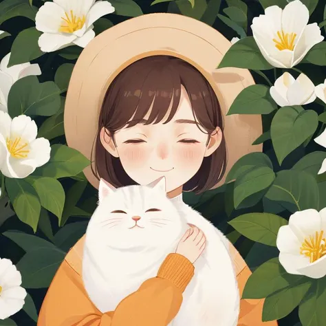 sdmai,Flat illustration, girl, closed eyes, cat, smile, orange sweater, blush, sweater, hat, white headwear, long sleeves, animal, flower, white flower, upper body, simple background, white cat, solo, leaf, plant, holding animal, brown hair, medium hair, holding, (masterpiece:1.2), best quality, highres,extremely detailed CG,perfect lighting,8k wallpaper,