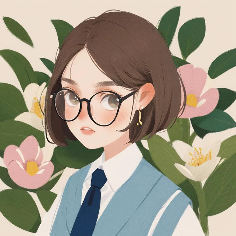 girl, illustration, portrait, short brown hair, glasses, flowers, white shirt, blue tie, earrings