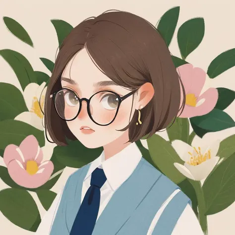 girl, illustration, portrait, short brown hair, glasses,  flowers, white shirt, blue tie, earrings