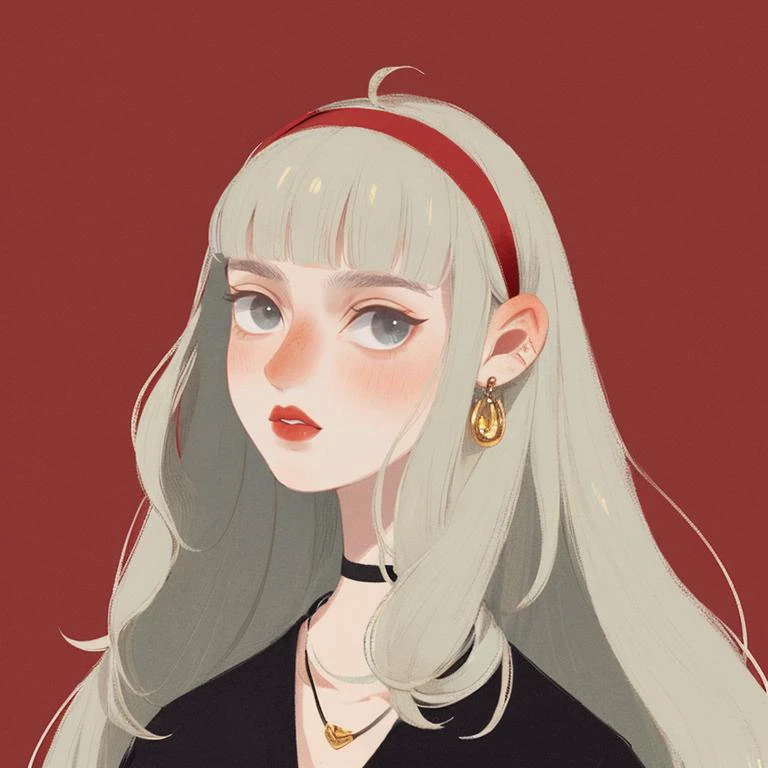 girl, solo, illustration, long hair, necklace, white hair, hairband, looking at viewer, jewelry, upper body, lips, bangs, simple background, blonde hair, brown eyes, closed mouth, red lips