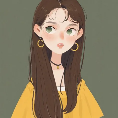 girl, portrait, illustration, brown hair, look at viewer, green eyes, yellow dress, necklace, earrings,