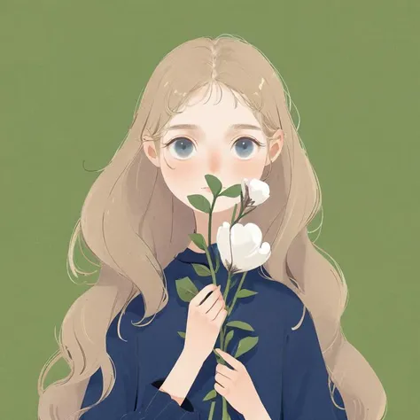 girl, blonde hair, blue eyes, cotton, portrait, illustration, digital art, soft colors, green background, holding flowers