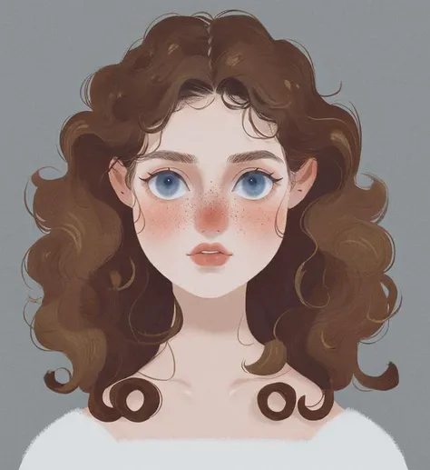 girl,  curly hair, brown hair, blue eyes, freckles, white skin, cartoon, illustration, digital art, portrait