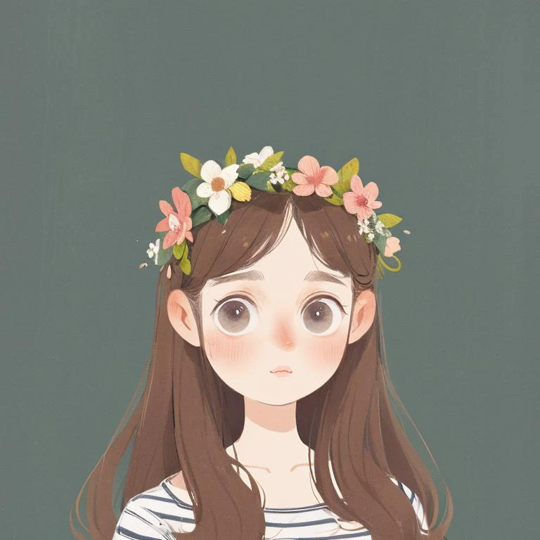 girl, cartoon, illustration, portrait, brown hair, flower crown, striped shirt, big eyes, cute