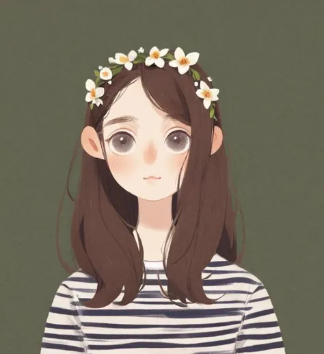 girl, cartoon, illustration, portrait, brown hair, flower crown, striped shirt, big eyes, cute