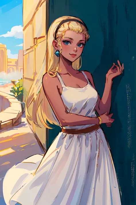 ultra detailed, masterpiece, best quality,
solo,
soft smile, light smile, cowboy shot,
<lora:hera:0.75> hera, dlh, long hair, blonde hair, 1girl, hairband, colored skin, white dress,