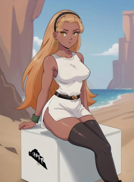 best quality, (masterpiece),(ultra-detailed), (high quality), (high resolution),   <lora:hera:0.7>,1girl, belt, blonde hair, boots, breasts, colored skin, dark skin, dark-skinned female, dlh, full body, hairband, hera, holding, large breasts, long hair, looking at viewer, medium breasts, orange eyes, pink skin, purple skin, sitting, skirt, sky, sleeveless, solo, thighhighs, white dress, yellow eyes