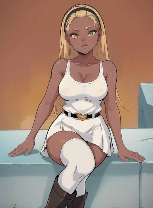 best quality, (masterpiece),(ultra-detailed), (high quality), (high resolution),   <lora:hera:0.7>,1girl, belt, blonde hair, boots, breasts, colored skin, dark skin, dark-skinned female, dlh, full body, hairband, hera, holding, large breasts, long hair, looking at viewer, medium breasts, orange eyes, pink skin, purple skin, sitting, skirt, sky, sleeveless, solo, thighhighs, white dress, yellow eyes