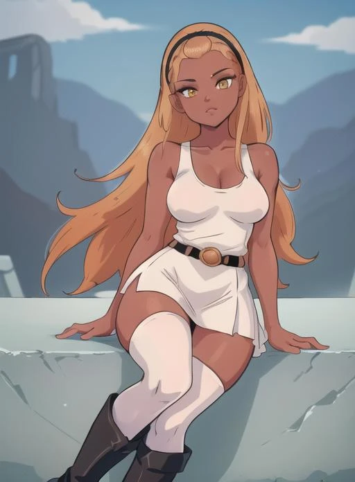 best quality, (masterpiece),(ultra-detailed), (high quality), (high resolution),   <lora:hera:0.7>,1girl, belt, blonde hair, boots, breasts, colored skin, dark skin, dark-skinned female, dlh, full body, hairband, hera, holding, large breasts, long hair, looking at viewer, medium breasts, orange eyes, pink skin, purple skin, sitting, skirt, sky, sleeveless, solo, thighhighs, white dress, yellow eyes