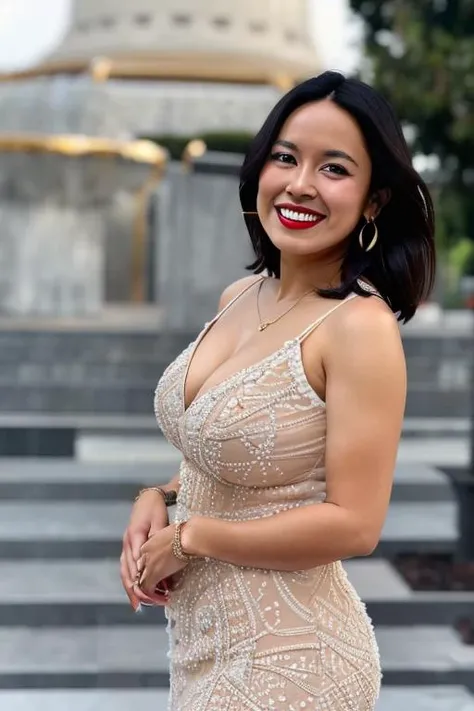 masterpiece, best quality, <lora:arely:0.7> arely, a woman in a dress, upper body, smile, simple background, close-up,