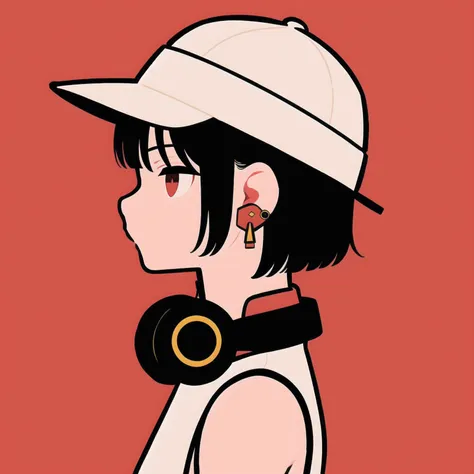 1girl, solo, profile, short hair, from side, black hair, headphones around neck, headphones, earrings, jewelry, sleeveless, simple background, upper body, sleeveless shirt, white headwear, shirt, hat, red  background, white shirt, red eyes,<lora:CleanLineArt-000011:0.8>