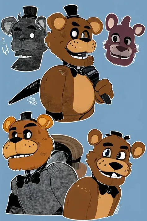 freddy, brown fur,blue background, flat color