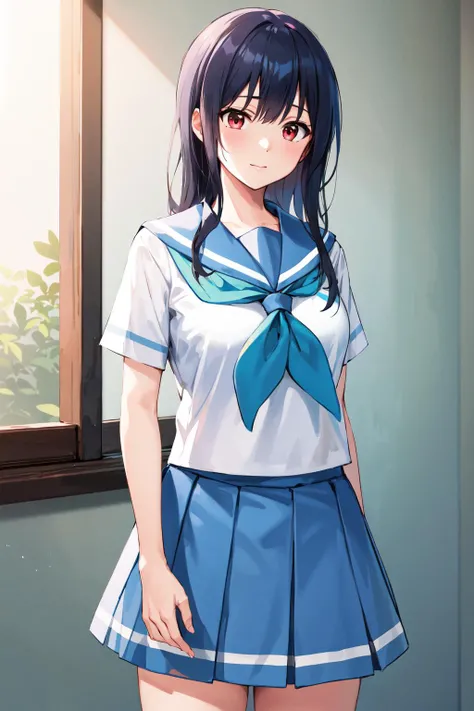 masterpiece, best quality, highres, ym1, blue sailor collar, blue skirt, short sleeves, white shirt, white socks, serafuku, pleated skirt, school uniform, blue neckerchief, <lora:yoroizuka_mizore_v1:0.7>, cowboy shot,