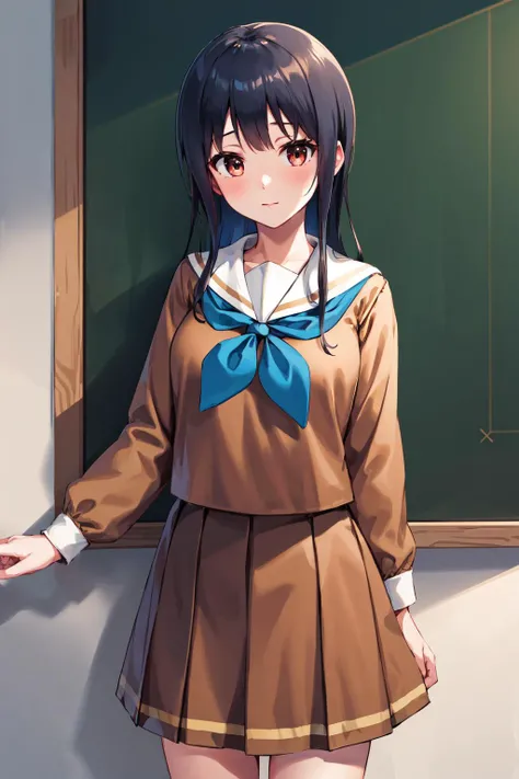 masterpiece, best quality, highres, ym1, white sailor collar, brown skirt, brown shirt, white socks, serafuku, pleated skirt, school uniform, blue neckerchief, long sleeves, <lora:yoroizuka_mizore_v1:0.7>, cowboy shot,