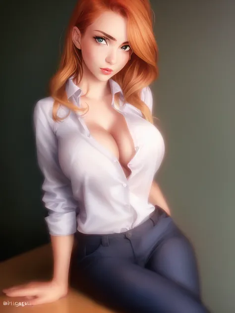 photo, Kim Possible, (realistic lighting:1.2), (intricately textured), (photo of a freckled redhead student, sitting, formal shirt and pants), [(adorable), ((kind face)):skintight formal clothing, revealing:0.09], [(relaxed): slut, bimbo, (huge lips:0.8),(massive ass), (massive breasts:0.8):0.09], [((cute)):((horny:1.3)):0.09], [(((innocent:1.2))): (aroused:1.3), (ahe_gao), (ahoge), orgasm_face,(huge nipples:0.8):0.09],