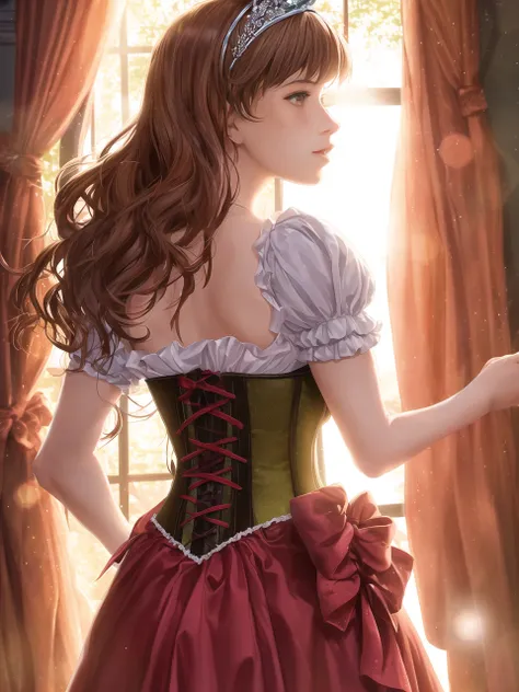 A beautiful girl (1girl:1.4), (solo:1.4), standing at a bay window, facing viewer, by Antoine Blanchard, by Casey Baugh, 18 year old woman, (freckles:0.8), pale, auburn hair, brown eyes, (Victorian princess corset dress:1.3), sunny (backlighting:1.3), (bloom:0.8), light shafts, (light sparkles:0.7), (lens flare:0.9), Style-Empire victorian city outside