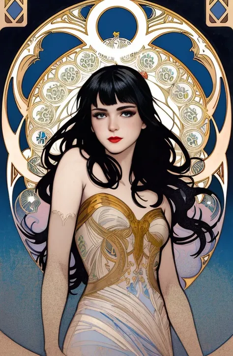 Greg Rutkowski style, alphonse mucha style, Berlin Secession style, Art Deco style,  portrait of a beautiful woman, small breasts, intricate dress, soft smile, red lips, blue eyes, black long hair, messy hair, Long-exposure, Arabesque, backlighting