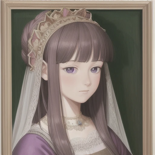 portrait of a woman, intricate lilac dress, hair in a bun, veil, blush, frown, dark brown hair, Domenico Ghirlandaio