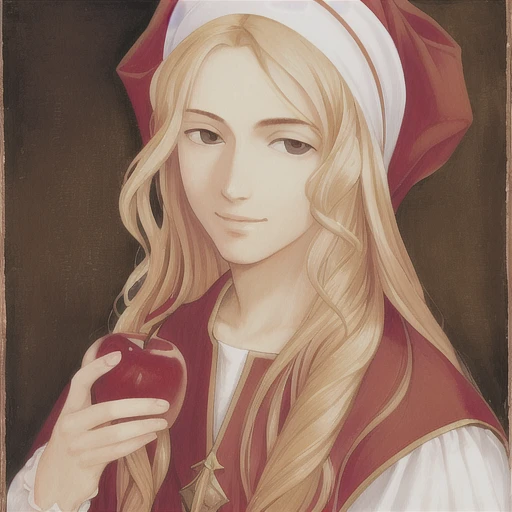 portrait of a young man, renaissance clothing, long blonde hair, eating an apple, botticelli