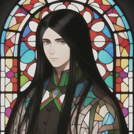 portrit of a young man, stained glass window, long black hair, intricate clothing