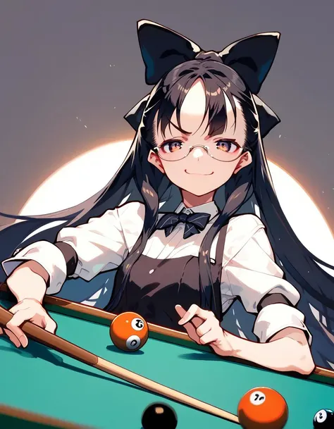 score_9, score_8_up, score_7_up,  score_6_up, a girl is playing billiards, smug, glasses, very long hair, hair bow, 
<lora:susuki_kyotaru_style_xl_v1-000025:1>