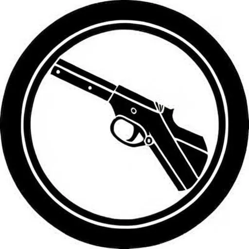<lora:family_crest_v1:0.6>, monochrome, gun, ammo, bullets, screen print, a silk screen, front view