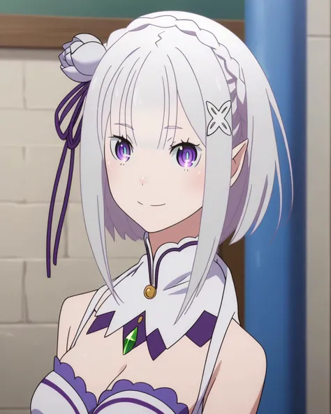 solo girl,1girl, <lora:emilia:0.9>, emilia, breasts, smile, looking at viewer, eyes, short hair, bob cut, blue eyes, big breasts, standing, upper body,, Score_6_up, Score_7, Score_8, Score_9, Score_10, emilia \(re:zero\), x hair ornament, purple eyes, white dress, pointy ears, colored pupils, white thighboots, pleated skirt, zettai ryouiki,