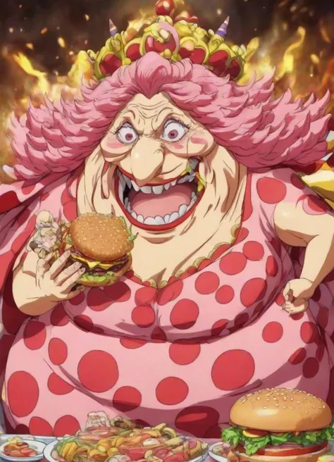 <lora:PE_BigMom_OnePiece:0.8> PEBigMom, Big Mom,
eating hamburger