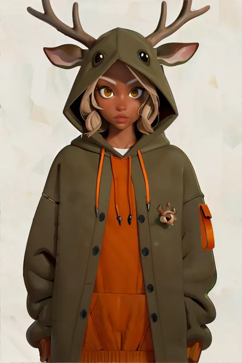 inquisitive deer wearing oversized hooded sweater, Orange, Sage Green, Taupe  || masterpiece, perfect quality, sharp focus, shallow depth of field, 8k