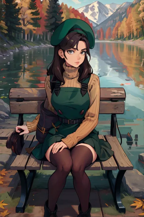 woman wearing corduroy pinafore dress over fitted turtleneck with dark tights, combat boots, beret, lakeside getaway, serene autumn landscape, old wooden bench, canoe, gentle waves, Terracotta, Forest Green, Wheat  || masterpiece, perfect quality, sharp focus, shallow depth of field, 8k