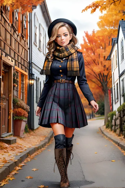 woman wearing pleated dress with tied bow collar, combat boots, flannel scarf, quaint country village, cobblestone street lined with kitsch shops, autumn leaves, overcast skies, Tangerine, Khaki, Navy  || masterpiece, perfect quality, sharp focus, shallow depth of field, 8k