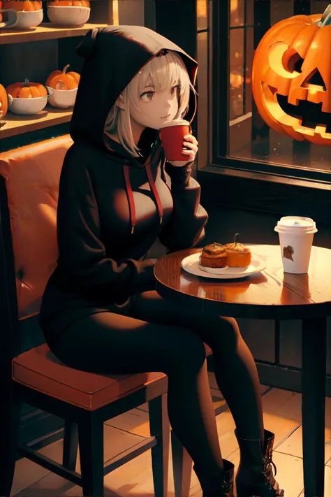 woman wearing oversized hooded sweater, black leggings, combat boots, carved jack-o-lantern pumpkin, local coffee shop, quiet corner table, pastries on plate, gentle murmur of jazz music, Plum, Cranberry Red, Sage Green || masterpiece, perfect quality, sharp focus, shallow depth of field, 8k