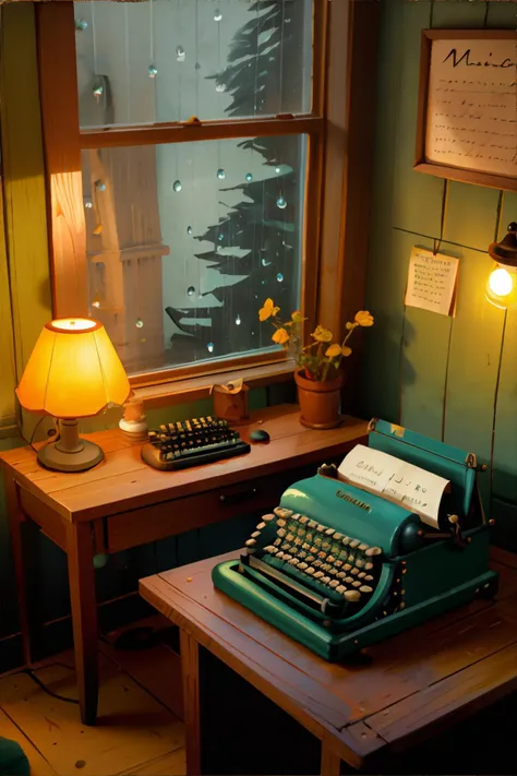 friendly hedgehog, cozy writing nook, typewriter, vintage wooden desk, warm lamp, raindrops on window, Red, Mustard Yellow, Teal || masterpiece, perfect quality, sharp focus, shallow depth of field, 8k