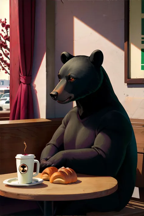 sleepy black bear, local coffee shop, quiet corner table, pastries on plate, gentle murmur of jazz music, Plum, Cranberry Red, Sage Green  || masterpiece, perfect quality, sharp focus, shallow depth of field, 8k