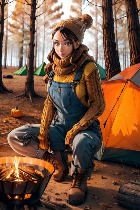 woman wearing overalls with chunky knit sweater, tall cuffed boots, flannel scarf, camping, tent, forest in autumn, campfire, Pumpkin Orange, Cinnamon Brown, Cream  || masterpiece, perfect quality, sharp focus, shallow depth of field, 8k