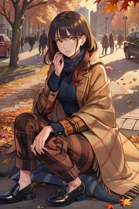 woman wearing thick flannel jacket, corduroy pants, oxford shoes, blanket shawl, city park in autumn, piles of autun leaves, golden sunlight, Tangerine, Khaki, Navy  || masterpiece, perfect quality, sharp focus, shallow depth of field, 8k