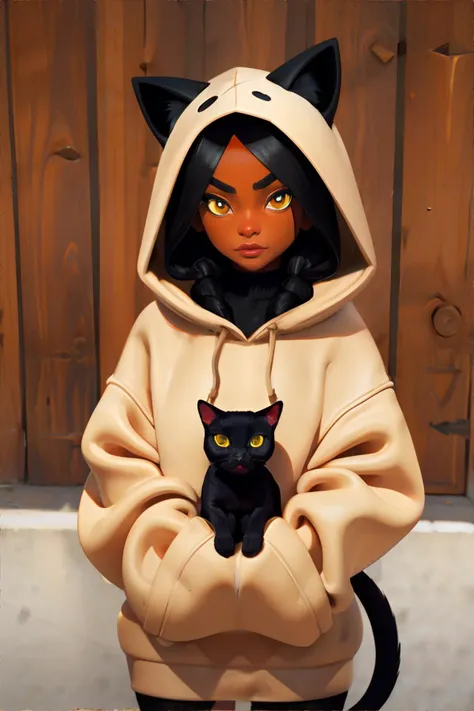 black cat familiar wearing oversized hooded sweater, Wheat, Terracotta, Cream  || masterpiece, perfect quality, sharp focus, shallow depth of field, 8k