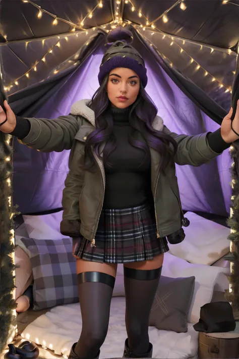 woman wearing leather sherpa lined jacket, plaid skirt with dark tights, tall cuffed boots, beanie hat, blanket fort, piles of pillows, twinkling string lights  || masterpiece, perfect quality, sharp focus, shallow depth of field, 8k, Eggplant Purple, Charcoal, Olive Green