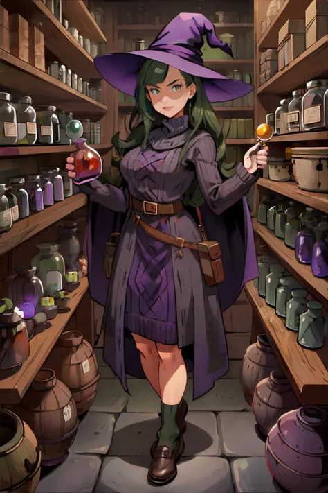 woman wearing belted patterned dress, oxford shoes, chunky knit socks, witch's workshop, shelves stocked with potions and jars of magical ingredients, bubbling cauldron, flickering candles, Eggplant Purple, Charcoal, Olive Green  || masterpiece, perfect quality, sharp focus, shallow depth of field, 8k