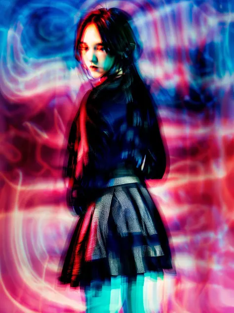 badtripstyle, 1girl, solo, long hair, skirt, black hair, twintails, very long hair, from behind, night,scenery, <lora:BadTripStyle:1>