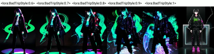 badtripstyle, long sleeves, 1girl, solo,  jacket,  shoes, pants, hoodie, chain, black pants,neon lights,simple background,  <lora:BadTripStyle:0.6>