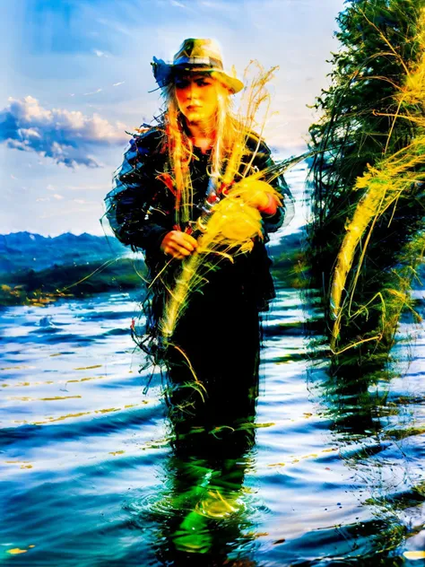 badtripstyle, solo, 1boy, holding, standing, water, animal, fish, watercraft, <lora:BadTripStyle:1>