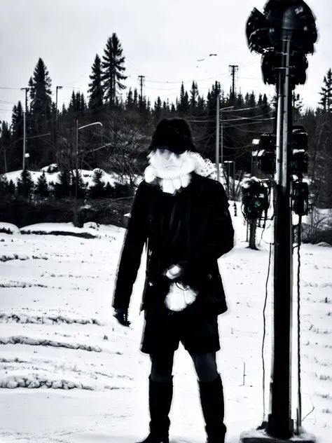 badtripstyle, standing, monochrome, outdoors, shorts,  ground vehicle, motor vehicle, snow, faceless, spot color, topless male, snowing, sign, car, lamppost, traffic light,    <lora:BadTripStyle:1>