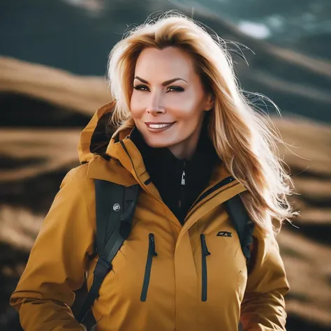 a photo of cndmrgls woman on a mountain, wearing a jacket, best quality, cinematic lighting <lora:cndmrgls-000007:1>