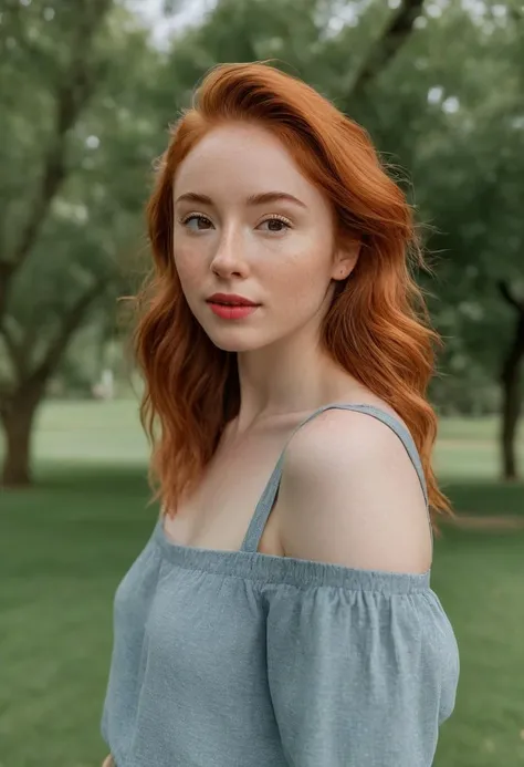 <lora:JuggerCineXL2:0.8> raw photo, raw picture, realism, realistic style, a photo \(medium\) of katiekones \(subject\), wearing a cute outfit for me \(wardrobe\), in the park \(background\), looking off camera, red hair, thin lips, facial skin fuzz, body freckles, full body, portrait, highres, best quality, full sharp, 4 k photography, real <lora:katiekones_v1:1>, detailed skin texture, (blush:0.5), (goosebumps:0.5), subsurface scattering, RAW candid cinema, 16mm, color graded portra 400 film, remarkable color, ultra realistic, textured skin, remarkable detailed pupils, realistic dull skin noise, visible skin detail, skin fuzz, dry skin, shot with cinematic camera