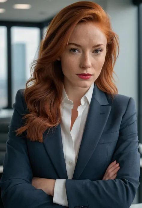 <lora:sd_xl_offset_example-lora_1.0:1.2> raw photo, raw picture, realism, realistic style, a photo \(medium\) of katiekones \(subject\), wearing a women's business suit \(wardrobe\), in the board room \(background\), looking off camera, red hair, thin lips, facial skin fuzz, body freckles, full body, portrait, highres, best quality, full sharp, 4 k photography, real <lora:katiekones_v1:1>, detailed skin texture, (blush:0.5), (goosebumps:0.5), subsurface scattering, RAW candid cinema, 16mm, color graded portra 400 film, remarkable color, ultra realistic, textured skin, remarkable detailed pupils, realistic dull skin noise, visible skin detail, skin fuzz, dry skin, shot with cinematic camera