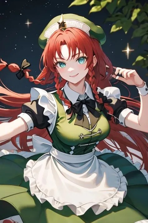 best quality, masterpiece, highres, solo, {maid:1.40}, {long maid dress:1.15}, {hong_meiling_touhou:1.15}, braid, long_hair, red_hair, twin_braids, star_\(symbol\), hat, hat_ornament, star_hat_ornament, beret, smile, bow, bangs, blue_eyes, breasts, hair_bow, ribbon, green_headwear, green_eyes