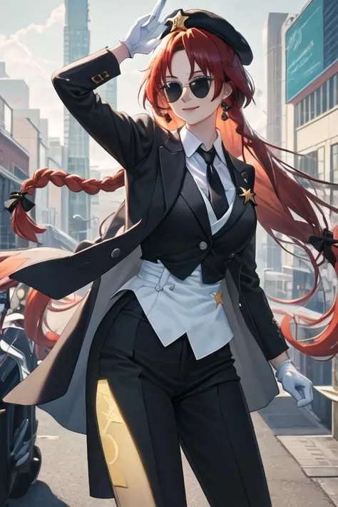 best quality, masterpiece, highres, solo, {black business suit:1.40}, {tie:1.20}, {sunglasses:1.25}, {white gloves:1.15}, {white shirt:1.10}, {black skirt:1.15}, {smoking:1.20}, handsome, {hong_meiling_touhou:1.15}, braid, long_hair, red_hair, twin_braids, star_\(symbol\), hat, hat_ornament, star_hat_ornament, beret, smile, bow, bangs, blue_eyes, breasts, hair_bow, ribbon, green_headwear, green_eyes