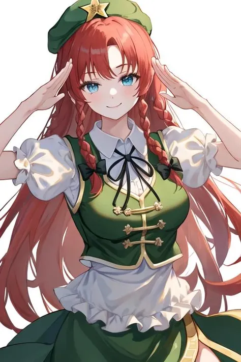 best quality, masterpiece, highres, solo, {hong_meiling_touhou:1.15}, braid, long_hair, red_hair, twin_braids, star_\(symbol\), hat, hat_ornament, star_hat_ornament, beret, smile, bow, bangs, blue_eyes, breasts, hair_bow, ribbon, green_headwear, green_eyes, 1girl, black_ribbon, looking_at_viewer, puffy_short_sleeves, puffy_sleeves, shirt, simple_background, vest, white_background, white_shirt, green_vest, short_sleeves, upper_body, neck_ribbon, ;\), one_eye_closed, salute