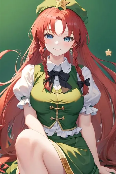 best quality, masterpiece, highres, solo, {hong_meiling_touhou:1.15}, braid, long_hair, red_hair, twin_braids, star_\(symbol\), hat, hat_ornament, star_hat_ornament, beret, smile, bow, bangs, blue_eyes, breasts, hair_bow, ribbon, green_headwear, green_eyes, 1girl, looking_at_viewer, shirt, short_sleeves, vest, chinese_clothes, puffy_short_sleeves, puffy_sleeves, skirt, upper_body